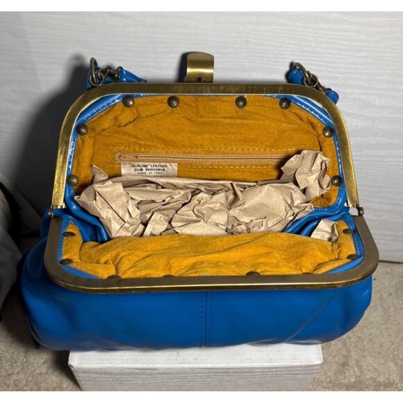 Vera Pelle Purse Italian Blue Leather Frame Bag Brass Hardware Strap Vtg READ - Picture 5 of 16